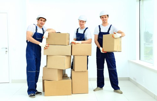 Packed moving boxes and furniture for a local move