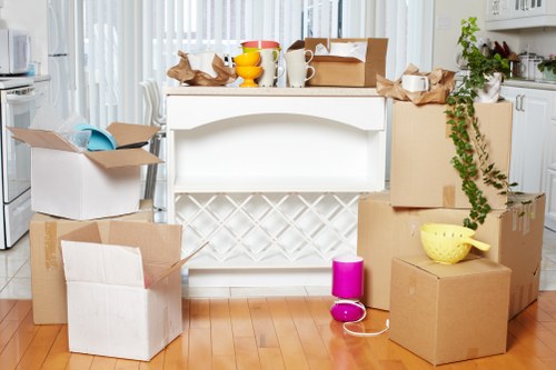 Packed moving boxes and protective wrapping for a home move in Erith