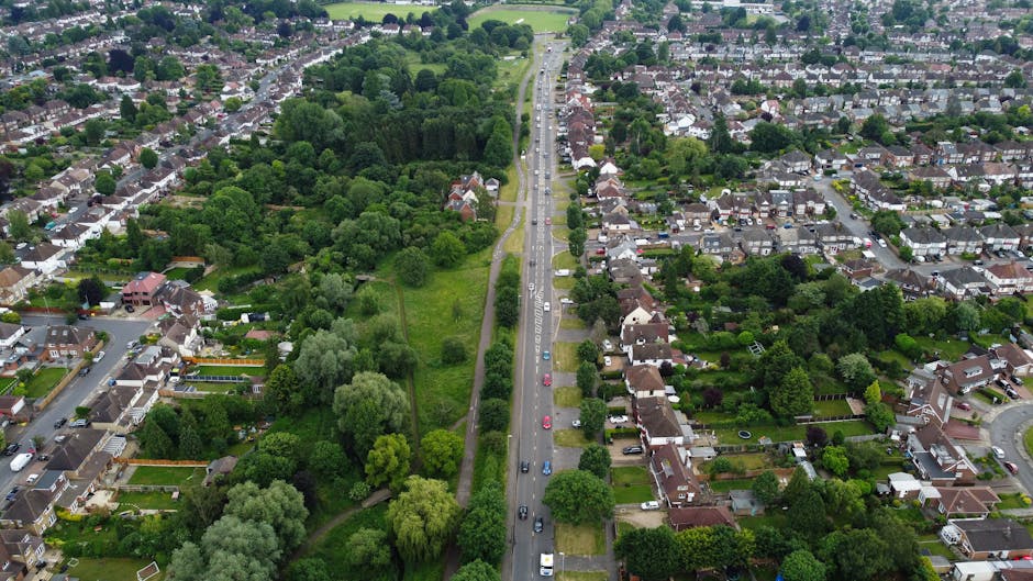 Aerial view of a residential neighbourhood showing a main road lined with stationary and moving vehicles, flanked by houses with gardens on both sides. On the left side of the road, there is a large green park with dense trees and open grassy areas. The houses are primarily detached or semi-detached, with various roofing styles, gardens, and driveways. Some properties have visible furniture and garden structures. The scene captures the typical environment for a home relocation or furniture transport process, with the presence of parked vehicles indicating possible loading and unloading activities. Natural daylight illuminates the scene, highlighting the greenery and the urban layout. This image aligns with the types of visual content associated with house removals and moving services, such as those offered by Man with Van Erith.